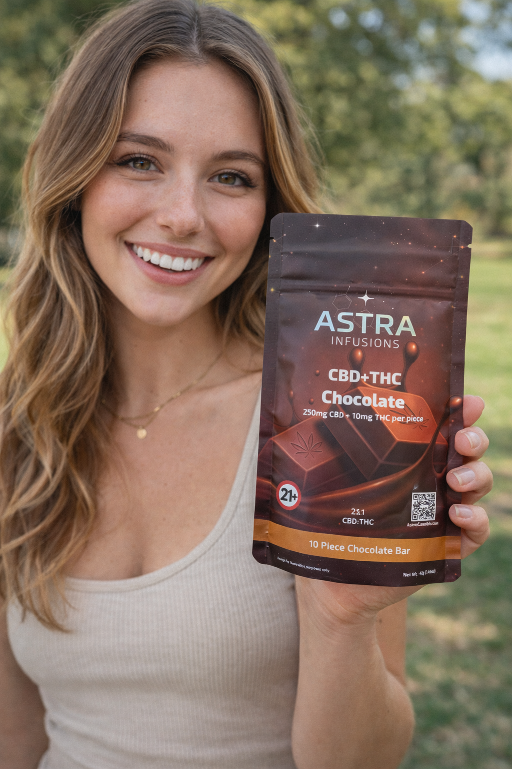 Woman holding a package of Astra Infusions CBD+THC Chocolate in an outdoor setting