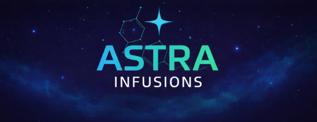 Astra Infusions logo with a space-themed background
